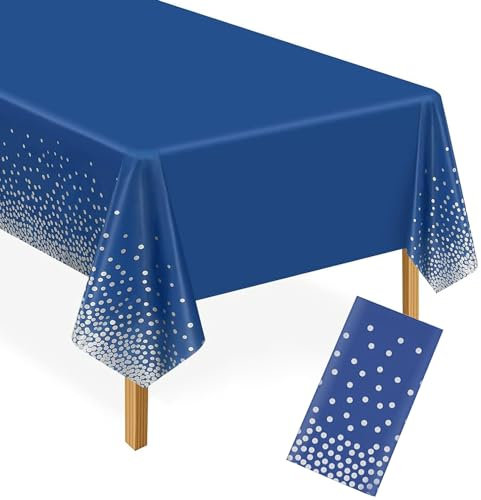 YXHZVON Dot Tischdecken, Blau Konfetti Party Tischdecken Silber Dot Rechteckige wasserdichte Einweg Tischdecken für Party Picknick Geburtstag Jubiläum 137 x 274cm