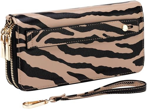 B BRENTANO Geldbörse aus veganem Leder mit doppeltem Reißverschluss und griffiger Handschlaufe, Nn Zebra Taupe, RFID-blockierende Geldbörse mit Handgriff und abnehmbarem Riemen