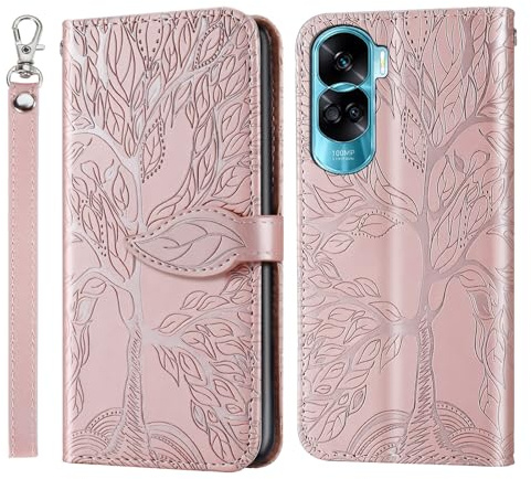 Vkooer Mobile Phone Case for Honor 90 Lite, PU Leather Protective Flip Wallet Case Cover with Pocket, Card Slots and Magnetic Buckle, Flip Case for Honor 90 Lite, Rose Gold