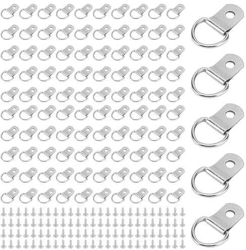 100 PCS D Rings Hooks, D Rings Picture Hangers with Screw, Silver Frame Hanging D Ring for Painting Photo Canvas