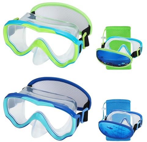 RUIGAO 2PK Kids Goggles Age 6-14, Diving Mask Elastic No TangleStrap, Swimming Goggles with Nose Cover