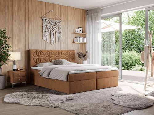 MKS MEBLE Boxspringbett 160x200 mit Matratze H4 und Bettkasten, Doppelbett Bett mit Stauraum und Topper, Polsterbett 160x200 mit Kopfteil - Leila - Orange Struktur - H4