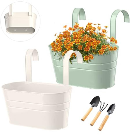 IHONYI 2PCS Metal Hanging Plant Pots, Fence Hanging Planters, Iron Balcony Planter Pots With Double Detachable Hook & Tools, Colorful Hanging Plant Pots Outdoor Balcony Garden (Green+White)