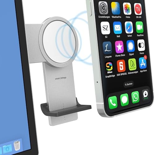 Smart things s47 PhoneBase - MagSafe Halterung & Qi-Ladegerät für Monitore | Monitor Smartphone-Halter ideal für FaceTime, Continuity Camera & Videocalls. Inklusive USB-C Kabel & USB-A Adapter.