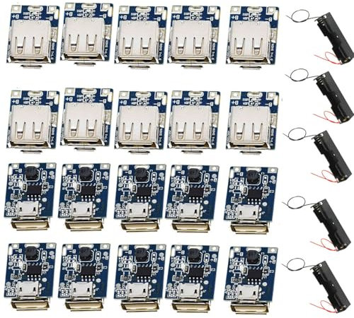 VISSQH 20 pcs 5V 1A Batteria al litio USB Scheda di protezione della ricarica 134N3P Modulo di alimentazione Step Up per display LED fai-da-te USB e porta micro +5 pcs portabatteria 18650
