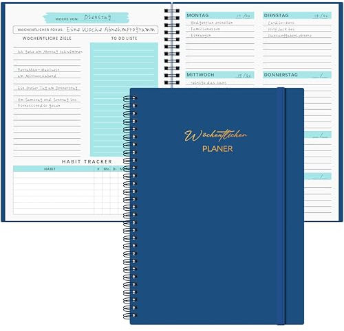 Qefuna Undatierter Wochenplaner,Terminplaner A5,wöchentlicher Terminkalender mit To-Do-Liste,PP Shell,104 Seiten 100 Gramm Papier,dem Hardcover -Ringordner，auf Deutsch(Blau)