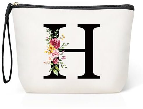 Personalisierte Initialen Große Make-up-Tasche, Schminktasche Damen, Reise Canvas Kosmetiktasche, Geburtstagsgeschenke für Frauen und Mutter, Geschenke für Freundinnen, Braut und Brautjungfern H