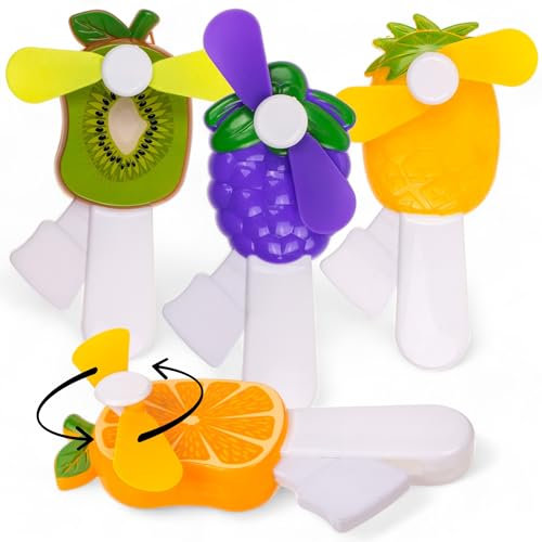 MIJOMA Hand-Ventilator Set im Früchte-Design, 4 Stück, 7 x 13,5 cm, Stromloser Handlüfter für Unterwegs – Orange, Traube, Ananas, Kiwi