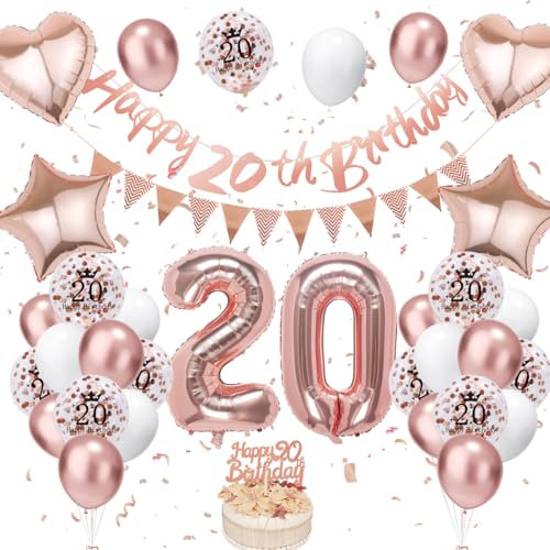 20. Geburtstag Deko Roségold, Luftballon Deko 20. Geburtstag Damen Frauen, Geburtstagsdeko 20 Jahr, Roségold Weiß Luftballons 20 Geburtstag mit Banner Geburtstag Tortendeko für Geburtstag Dekoration