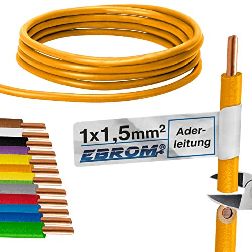 EBROM - Cable Eléctrico de 10 metros de un solo cable - Cable de cableado rígido - Cable de PVC - H07V-U 1,5 mm2 | 1,5 mm² | 1,5 mm² - Color: naranja - Cobre completo 99,9% OFC - Longitud: 10 metros