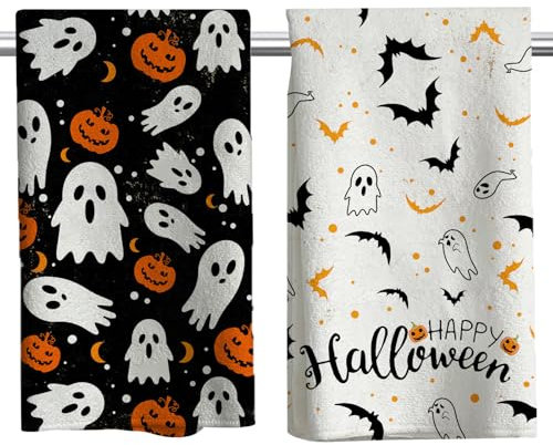 2 pcs Toallas de Cocina de Halloween Calabaza Fantasma de Halloween Toallas de Lavado de Platos de Halloween un Juego de Dos, Toallas de Fiesta de Terror,Spooky Holiday Hand Towel