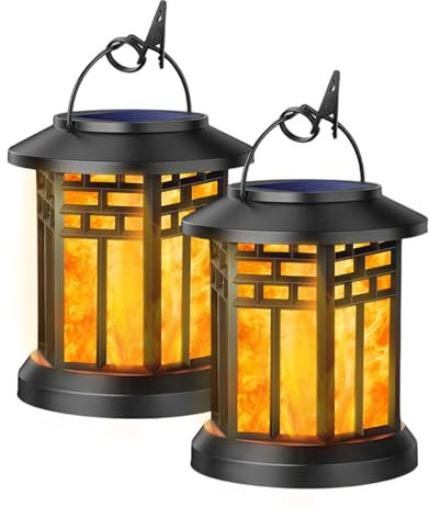 KALAHOL Solar Lanterns, LED Hanging Solar Garden Lanterns, Realistic Flickering Flame, Waterproof Decorative Garden Ornaments for Pathway, Patio, Table, Outdoor (2 Pack)