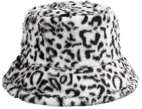 MILAKOO Leopardenmuster Fischerhut Kappe Vintage Warmer Hut Winter Fuzzy Bucket Hat Plüsch Wintermützen Eimer Hut für Frauen