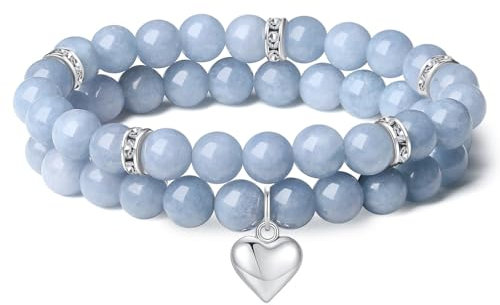 AWARDSEN Herz Edelstein Armband Damen, Blau Kristall 8mm Edelstein Schmuck, Aquamarin Heilsteine Armband, Partnerarmbänder Geschenk für Frauen (2 PCS)