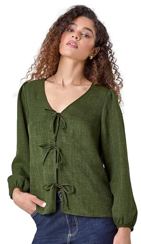 Roman Originals Plain Tie Front Woven Top for Women UK - Ladies Everyday Autumn Winter V-Neckline Comfy Soft Evening Vacation Work Party Night Out - Khaki - Size 20