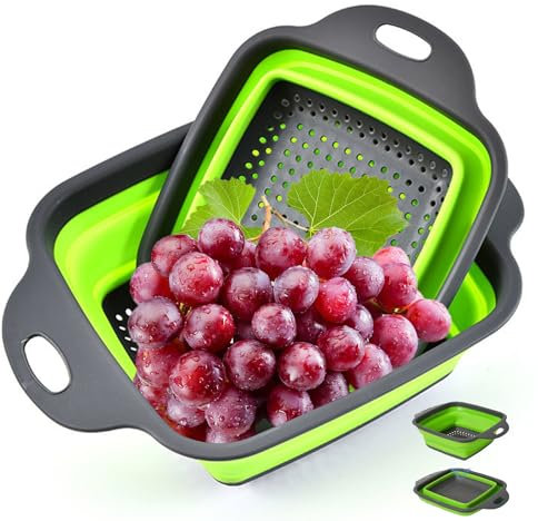 2 PCS Collapsible Colander, Square Green Folding Colander with Handles, Washing Drainage Basket, Collapsible Kitchen Strainer Food Strainer Drain Storage Basket for Draining Pasta Fruits Vegetables