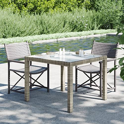 Tidyard Table de Jardin 90x90x75 cm Verre trempé et résine tressée Gris Table à Dîner d'extérieur, Table à Manger pour Terrasse, Balcon, Intérieur et Extérieur, Camping (A)