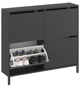 KOMTO Schuhschrank Schmal - Schuhregal Geschlossen mit 4 Klappen | Schuhkipper Anthrazit Trek 108 x 25 x 96 cm (BxTxH)