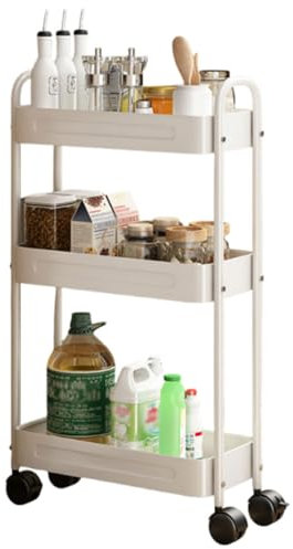 Awoyep Kitchen Storage Trolley Slim: 3-Tier Utility Cart with Wheels Carbon Steel Vegetable Rack Space Saving for Book Beauty Bathroom Laundry Room (White)