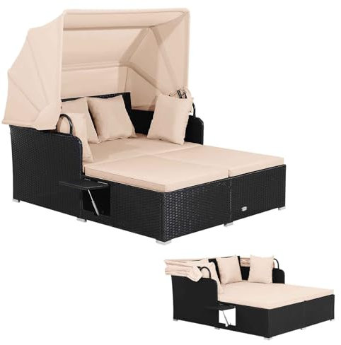 LIFEZEAL Sonnenliege Set Poly Rattan, Sonneninsel Gartenlounge mit Klappdach & 2 Teetischplatte, Gartenmuschel mit Kissen, Doppel Gartenliege belastung 360 KG, Polyrattan Lounge Outdoor (Khaki)