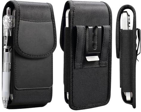 Cell Phone Belt Holder for Men, Cell Phone Holster with Belt Clip, 6.9 Vertical Flip Cellphone Pouch PU Leather Belt Loop Holster Handbag with Pen Holder for iPhone 15/14/13 Pro Max 8/7 Plus, Black