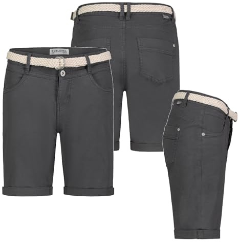Stitch & Soul Damen Short Bermuda Kurze Hose Sommer Chino Stoff Hose mit Gürtel, Hosengröße:L / 40, Farbe:Dunkel grau