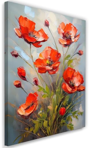 Feeby - Tableaux Decoratifs - Tableau Salon Grand Format - Coquelicot peint en rouge - 60x90 1partie - Tableau Decoration Murale - Toile Imprimée - Impression sur Toile Peinture