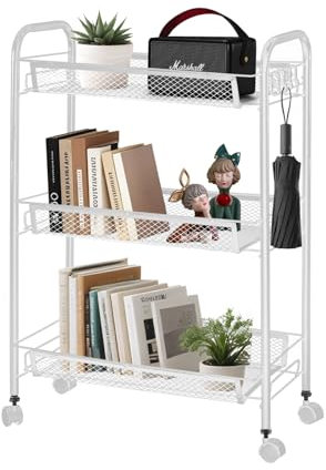 3 Tier Trolley on Wheels Mesh Storage Trolley Multi Function Easy to Assemble Storage Cart for Bedroom Kitchen Bathroom Living Room Storage Cart White