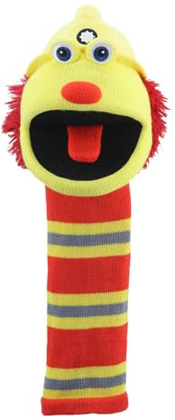 The Puppet Company Flint Sockette - Eco-Friendly Fireman Hand Puppet Toy in Red & Yellow with Helmet, Squeaker & Wide Mouth, Made from Recycled Materials - Interactive Fun for Kids & Adults - 38cm
