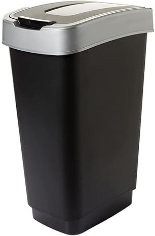SUSTANIA Mülleimer Küche 50L - Abfalleimer mit Schwingdeckel, 50 Liter, 60x45x34 cm, Geruchsdicht, Robust Recycelbarer Kunststoff, Schwarz/Silber, Made in EU