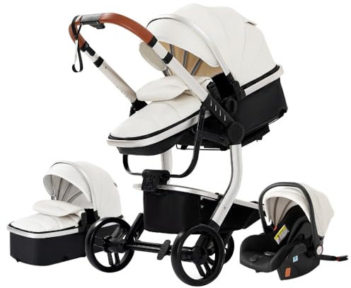Passeggino 3 in 1 con navicella e seggiolino auto,passeggino reversibile con seduta alta,pieghevole per neonati e bambini piccoli(bianco)