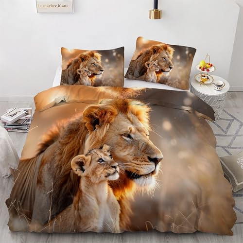 BSYYZQC Bettwäsche 160x200 LöWe Bettbezug Sonnenlicht Bettwäsche-Sets Mikrofaser, 1 Bettbezüge und 2 Kissenbezüge 80x80 cm, Bettwaesche 3 Teilig Mit ReißVerschluss