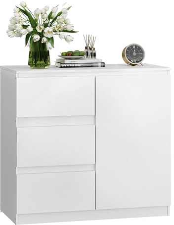 WLIVE Sideboard Chest of Drawers with 3 Drawers, 80 x 75 x 40cm, White | Kitchen Storage Cupboard with 3 Drawers & 1 Door, TV Stand, Buffet Table for Dining Room Living Room Hallway