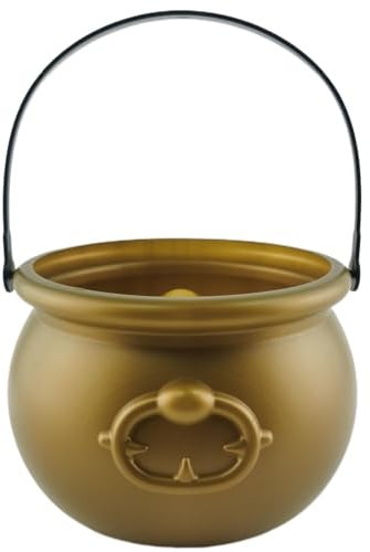 Odoukey 7.7x5.3in Gold Witches Cauldron Halloween Candy Bowl Plastic Cauldron Pot with Handle Trick or Treat Party Supplies Halloween Decorations