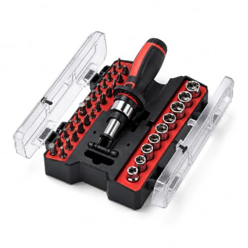 KOMBO - Kit Professionale 36 Pezzi - Cacciavite a Cricchetto con Bussole e Inserti - Kit Avvitatura e Serraggio Universale con Valigetta