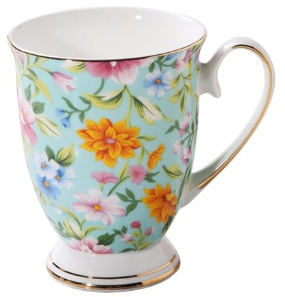 Floral Bone China Mug, 300ml European Fine Bone China Mugs with Handle, Coffee Cups Ceramic, Cappuccino Cup, Dishwasher Microwave Safe, for Thanksgiving, Christmas, Birthdays, Anniversaries, Etc