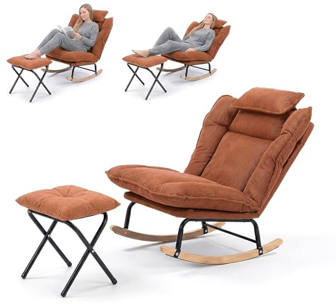 Fabulcozy Schaukelstuhl aus Cordsamt mit Fußstütze, Relaxsessel verstellbar in 3 Positionen, mit abnehmbarem Kissen, Wohnzimmerstuhl für Entspannung