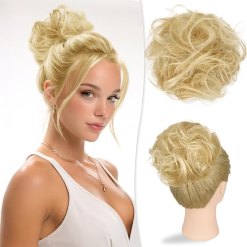RUWISS Haarteile Echthaar Dutt Große, Messy Bun Echthaar Haarteil Scrunchie Locken Dutt Extension mit Gummiband für Damen 32g Goldblond