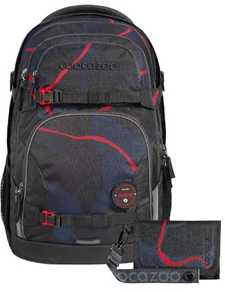 coocazoo Schulrucksack-Set Porter Lava Lines 2-teilig, ergonomischer Schulrucksack 35 l mit Easy Grow System, höhenverstellbar, wasserabweisend, schwarz, inkl. Geldbörse