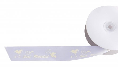 Schleifenband weiß Hochzeit Just Married Tauben cremefarbener Aufdruck Deko 10 m x 4 cm