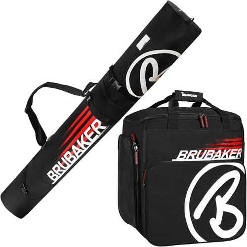 BRUBAKER Kombi Set Champion Skisack und Skischuhtasche für 1 Paar Ski bis 170 cm + Stöcke + Schuhe + Helm Schwarz Rot