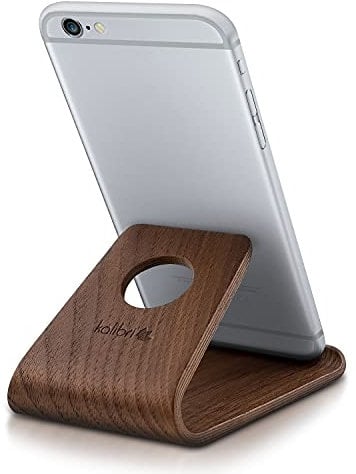 kalibri Support de téléphone Portable - Stand Universel pour Smartphone et Tablette Compatible avec iPhone Samsung Galaxy Huawei - en Bois de Noyer