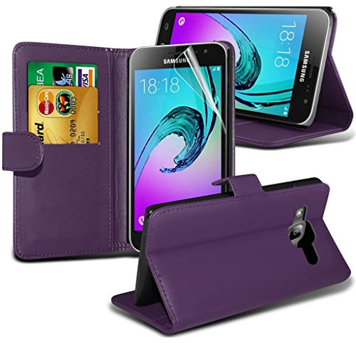 Gadget Giant® para Samsung Galaxy J3 (2016) Estuche abatible en forma de cartera de cuero con película protectora de pantalla y lápiz táctil retráctil - Púrpura