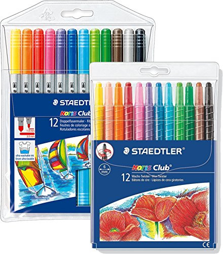 Staedtler Noris Club Doppelfasermaler, rund, circa 1,0 mm, Set mit 12 brillanten Farben, 320 NWP12 + Wachs-Twister, Wachs-Malstifte, Set mit 12 brillanten Farben, 221 NWP12
