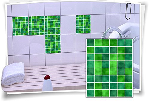 Medianlux Fliesen-Aufkleber Fliesen-Bild Fliesen-Imitat Mosaik Grün Bad WC Deko Dekor Badezimmer Kachel Folie Digitaldruck, 4 Stück, 20x25cm