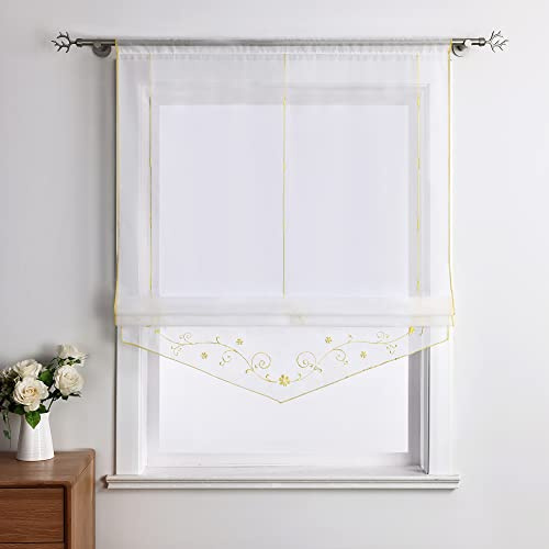 Yujiao Mao Voile Raffrollo Küche Gardine Mit Stickerei Bändchenrollo Mit Tunnelzug Transparent Raffgardine Weiß Gelb BxH 100x140cm 1 Stück