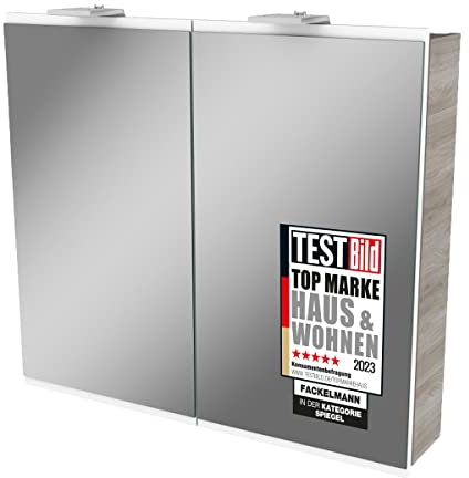 FACKELMANN LED Spiegelschrank Lima/Badschrank mit Soft-Close-System/Maße (B x H x T): ca. 80 x 73 x 15,5 cm/Möbel fürs WC oder Badezimmer/Korpus: Braun/Front: Weiß/Spiegel