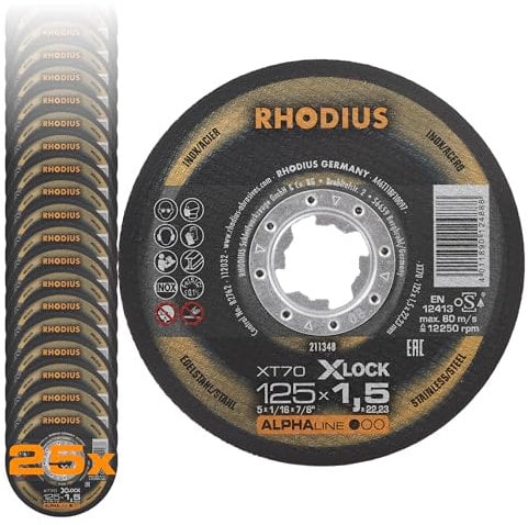 RHODIUS XT70 X-LOCK | 25 Stück Ø 125 mm x 1,5 mm | Trennscheibe Metall | Extra dünn| für Winkelschleifer, Edelstahl, INOX, Stahl, Eisen, Hartmetall