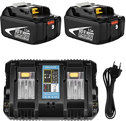 2X 5.5Ah Remplacement pour Makita 18V Batterie avec 3A DC18RD Chargeur à Double Port Remplacement pour Makita BL1850B BL1850 BL1840 BL1830 BL1815 Batterie LXT-400