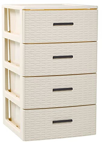 Acan Tradineur - Cajonera de ordenación Rattan de plástico - 4 cajones - Torre de almacenaje Multiusos, Organizador Auxiliar, Almacenamiento, baño - 61,5 x 36,5 x 36,5 cm - Color Marfil